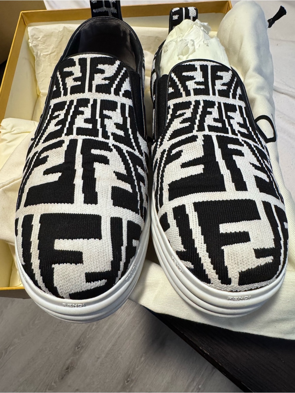 Fendi Black & White Logo Slip-On Loafers
